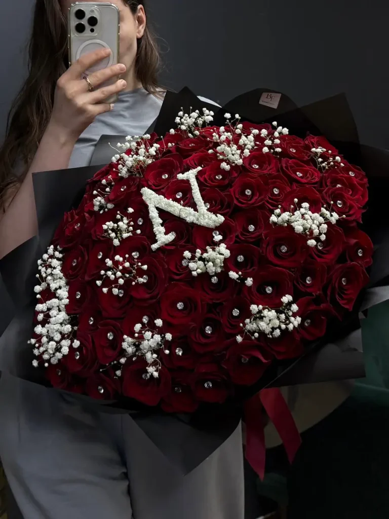 Chestnut Hill Monogram Rouge Roses, Mixed Flowers bouquet in Red & Crimson and Burgundy & Plum for premium flower delivery in Boston