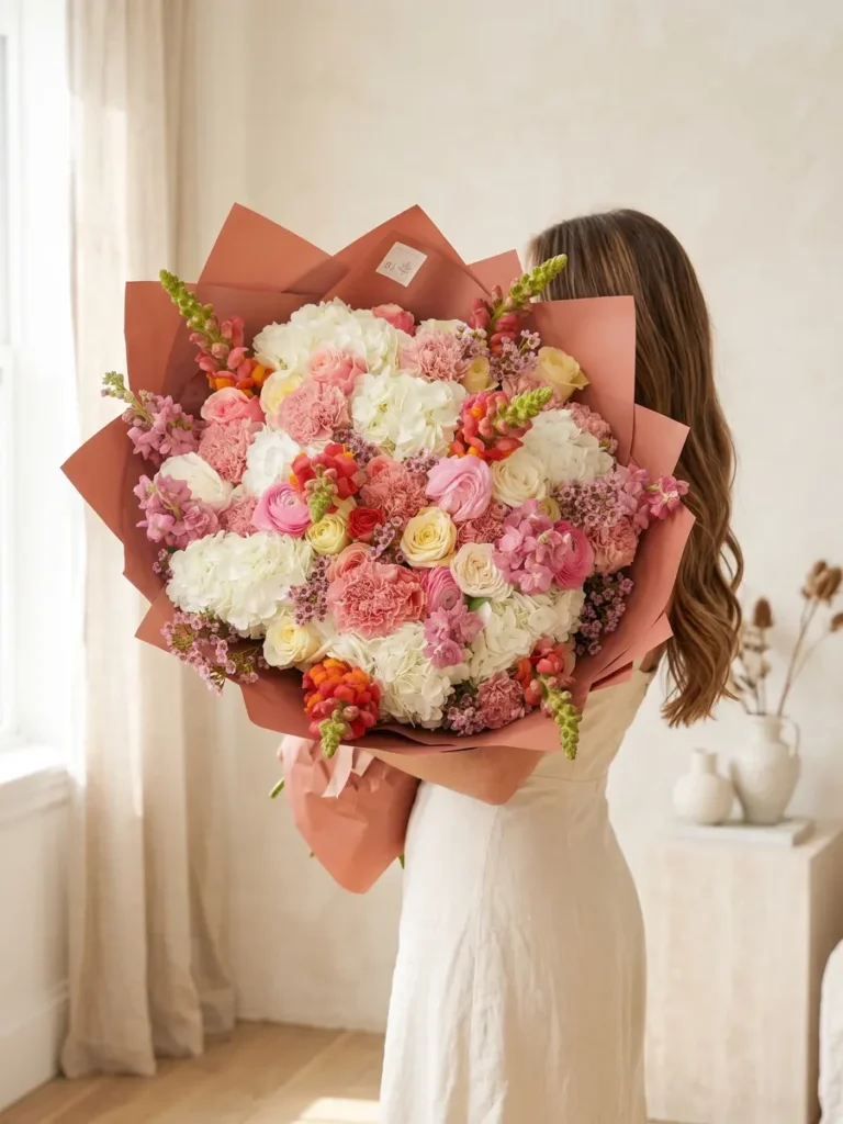 Nantucket Summer Coral Roses, Garden Roses, Hydrangeas, Ranunculus & Anemones, Mixed Flowers bouquet in White, Cream & Ivory and Blush, Pink & Pastel and Yellow & Orange / Vibrant for premium flower delivery in Boston