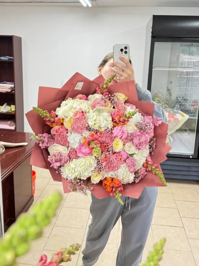 Nantucket Summer Coral Roses, Garden Roses, Hydrangeas, Ranunculus & Anemones, Mixed Flowers bouquet in White, Cream & Ivory and Blush, Pink & Pastel and Yellow & Orange / Vibrant for premium flower delivery in Boston