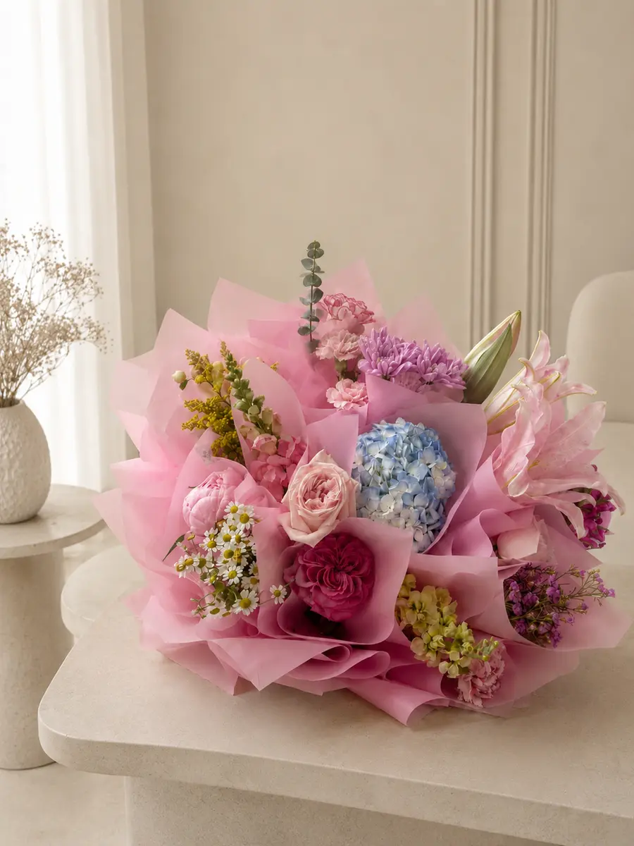 Seaport Garden Shimmer Roses, Mixed Flowers, Hydrangeas, Lilies bouquet in Blush, Pink & Pastel and Blue & Palette Mix for premium flower delivery in Boston