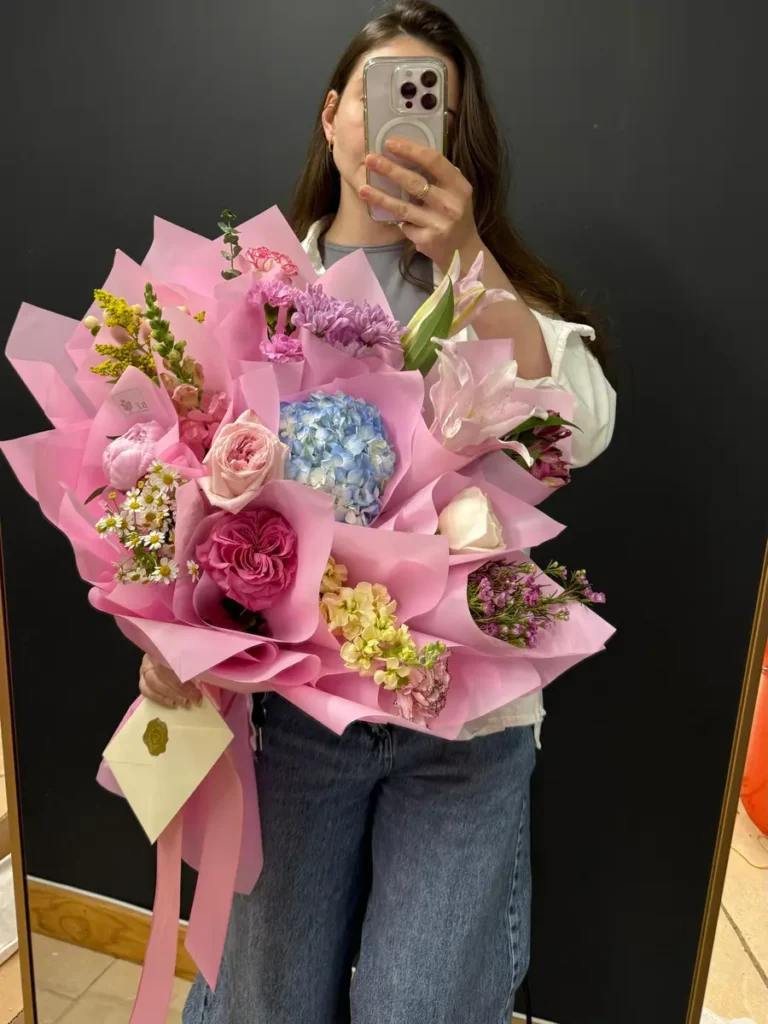 Seaport Garden Shimmer Roses, Mixed Flowers, Hydrangeas, Lilies bouquet in Blush, Pink & Pastel and Blue & Palette Mix for premium flower delivery in Boston