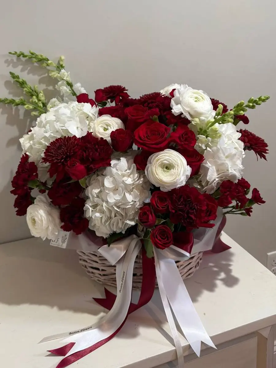 Theater District Opera Basket Roses, Garden Roses, Hydrangeas, Ranunculus & Anemones, Mixed Flowers bouquet in White, Cream & Ivory and Red & Crimson and Burgundy & Plum for premium flower delivery in Boston