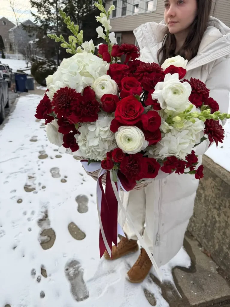Theater District Opera Basket Roses, Garden Roses, Hydrangeas, Ranunculus & Anemones, Mixed Flowers bouquet in White, Cream & Ivory and Red & Crimson and Burgundy & Plum for premium flower delivery in Boston