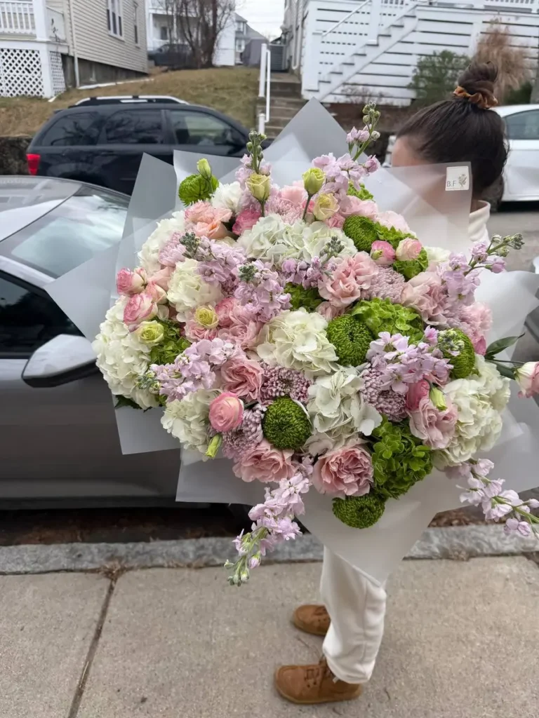 Wellesley Botanical Symphony Garden Roses, Hydrangeas, Mixed Flowers, Ranunculus & Anemones bouquet in White, Cream & Ivory and Blush, Pink & Pastel and Purple, Lavender & Violet for premium flower delivery in Boston