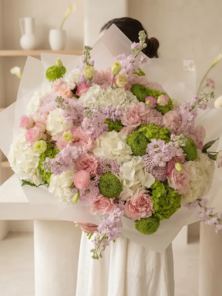 Wellesley Botanical Symphony Garden Roses, Hydrangeas, Mixed Flowers, Ranunculus & Anemones bouquet in White, Cream & Ivory and Blush, Pink & Pastel and Purple, Lavender & Violet for premium flower delivery in Boston