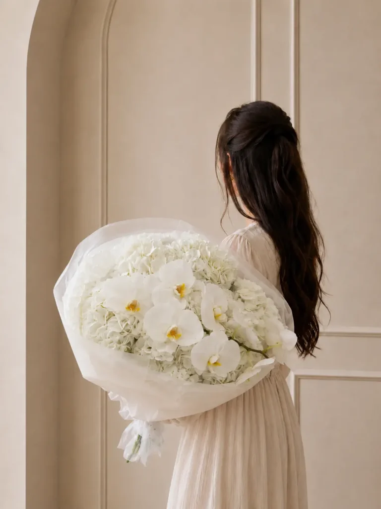 Beacon Hill Ivory bouquet of white hydrangea and white Phalaenopsis orchids in sheer white wrap