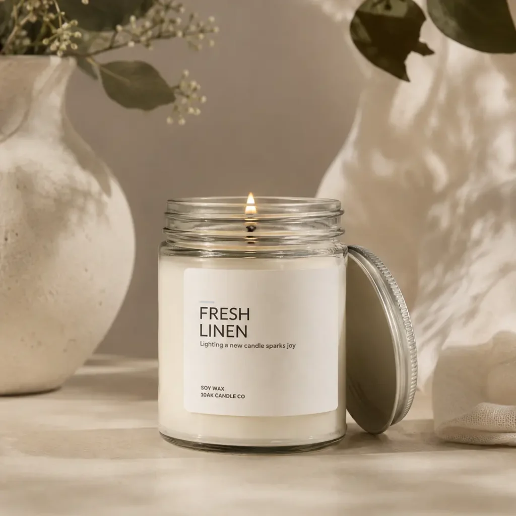 Fresh Linen 7 oz soy candle in a clear glass jar, gift add-on for Boston flower delivery