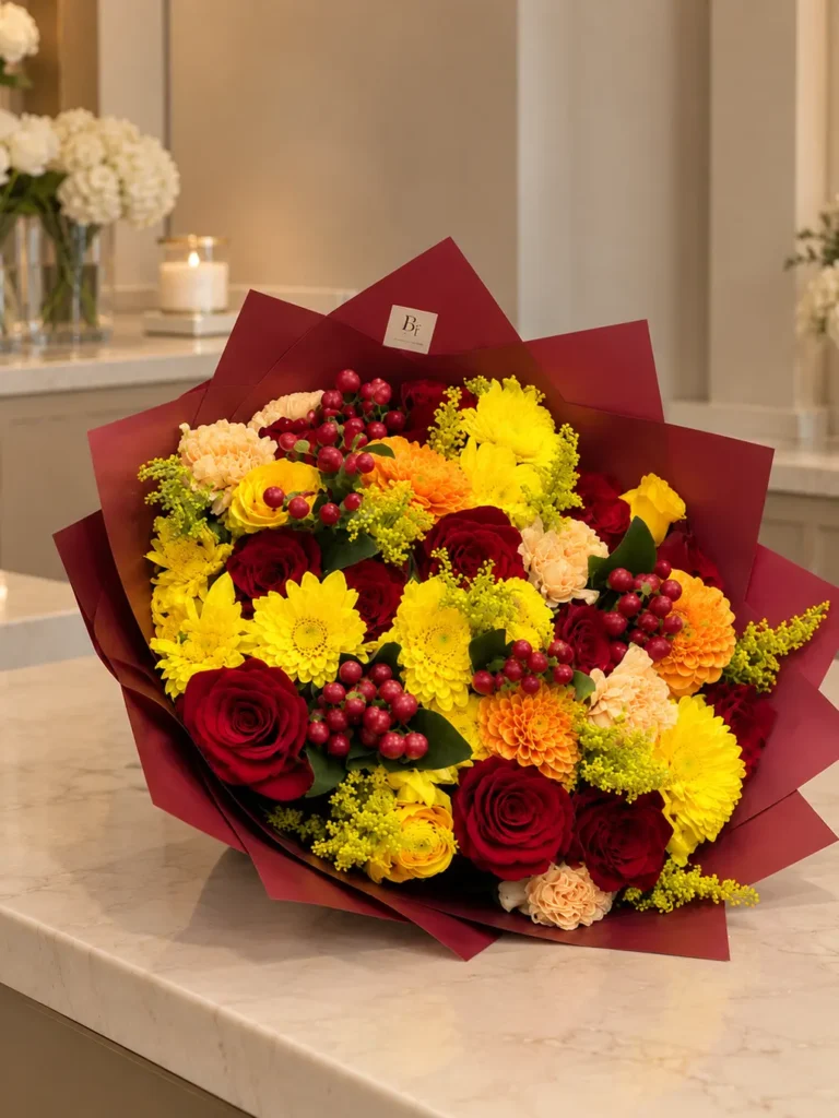 Boston Autumn Ember fall bouquet of red roses, yellow chrysanthemums, orange dahlias and red hypericum berries in burgundy wrap