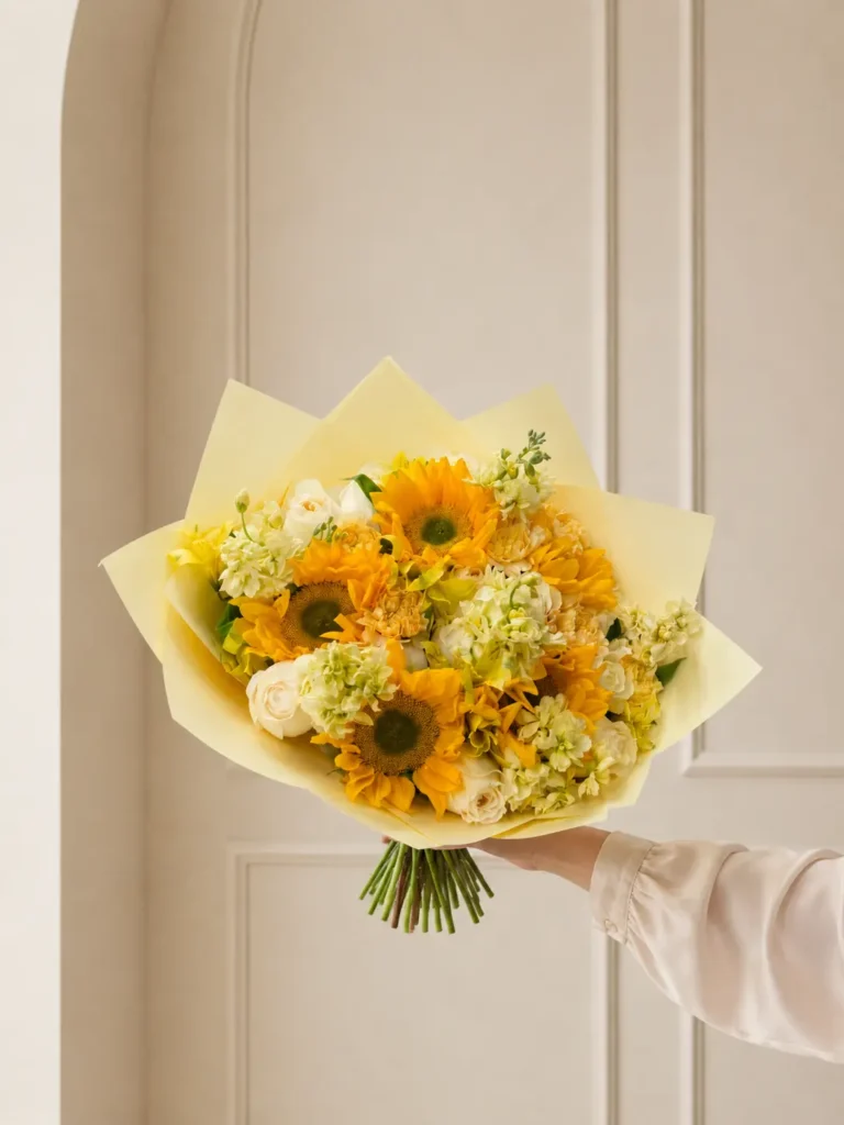 Fenway Sunbeam bouquet of sunflowers, cream roses, white stock and pale yellow accents in butter yellow wrap
