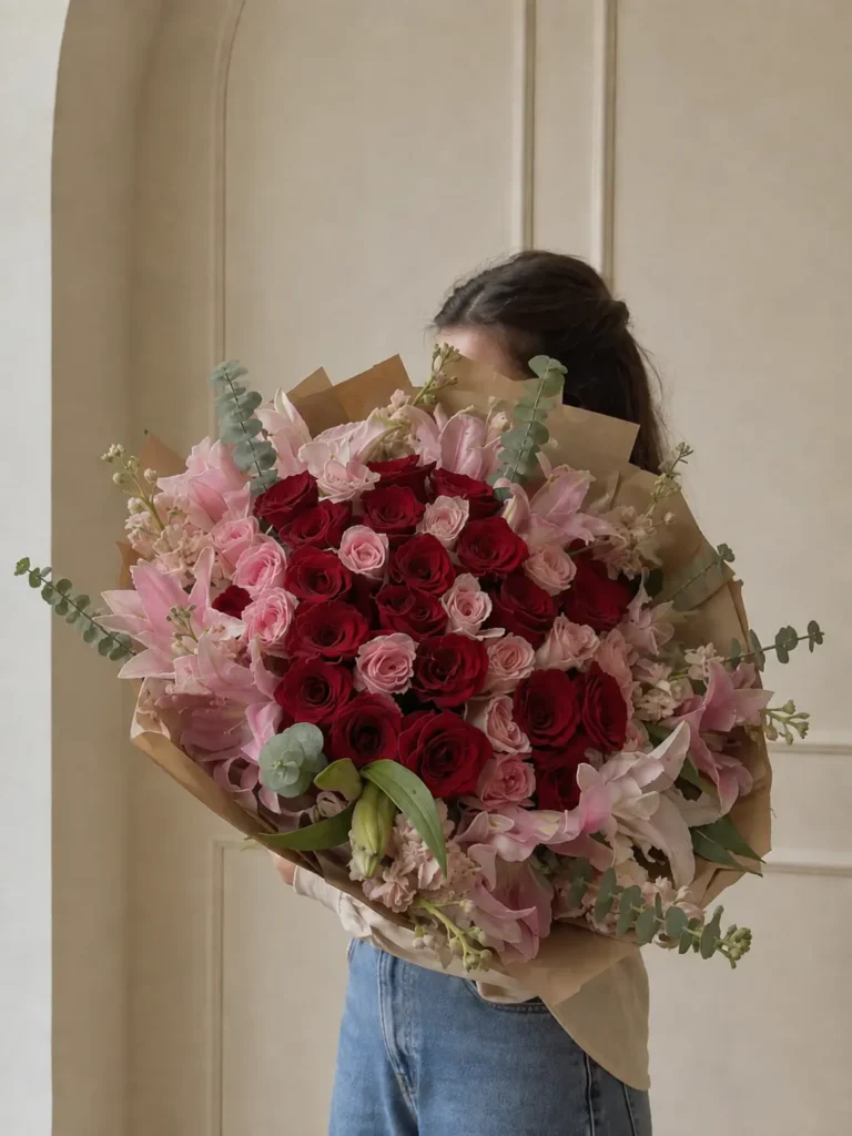 Louisburg Square Romance grand bouquet of crimson roses, blush spray roses and pink oriental lilies in kraft paper