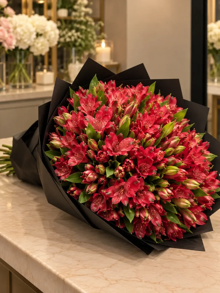 New England Ruby Alstroemeria monobouquet of crimson red alstroemeria in matte black wrap