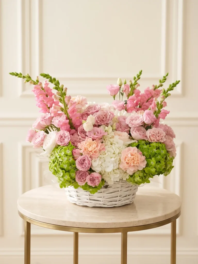 Pastel Symphony woven basket of blush garden roses, pink spray roses, white and green hydrangea and pink snapdragons