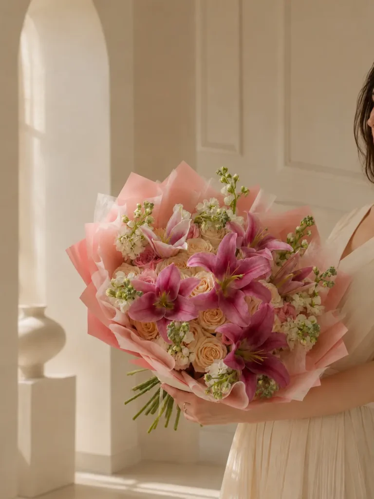 South End Stargazer bouquet of magenta Stargazer lilies, champagne roses and white stock in soft peach wrap